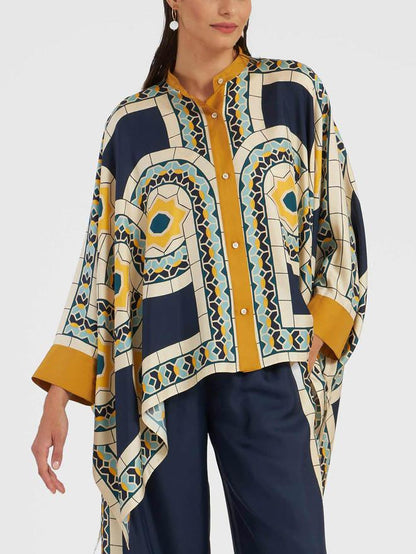 Unieke Retro Bloemenprint Staande Kraag Onregelmatige Top