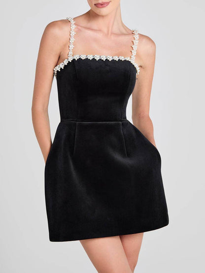 Klassieke Zoete Parels Trim Schouderzak Tulip Stijl Mini Jurk