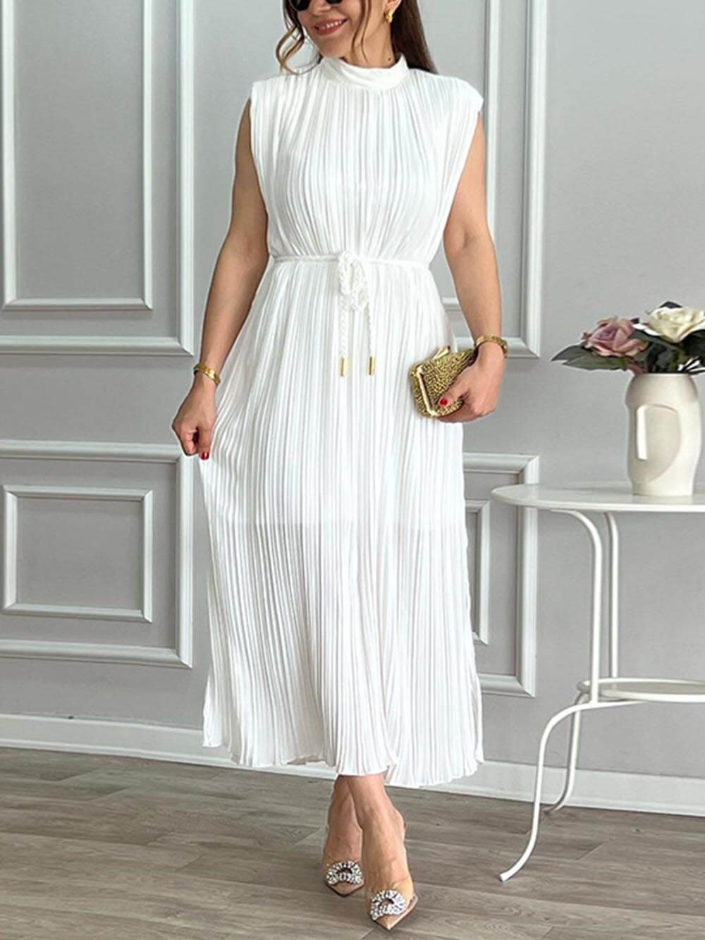 Elegante Plissé Halflange Kraag Midi Jurk