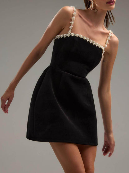 Klassieke Zoete Parels Trim Schouderzak Tulip Stijl Mini Jurk