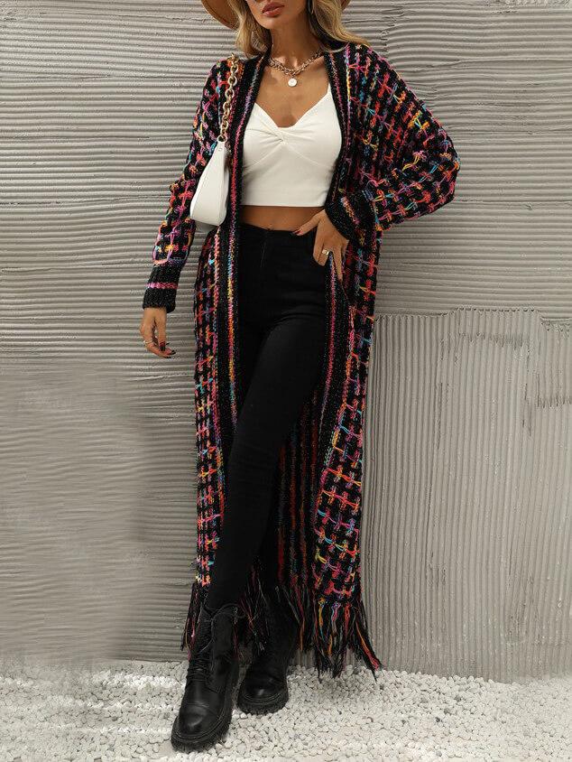 Vintage Geschilderde Ruit Franje Cardigan Trui