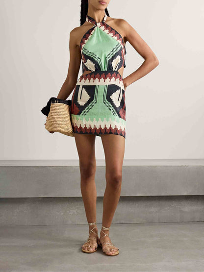 Unieke Vintage Ethnische Print Rugloze Mini Jurk