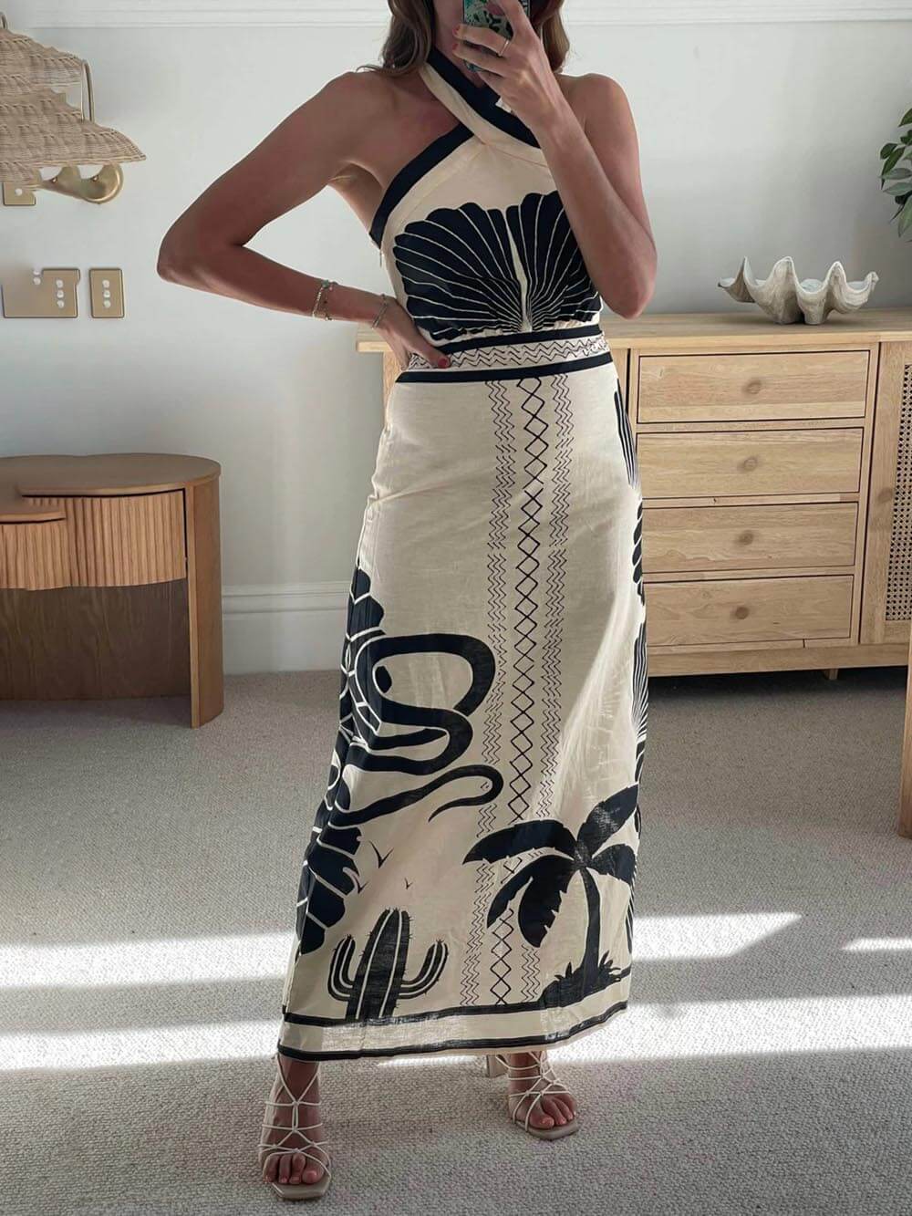 Elegante En Sexy Etnische Print Slim-Fit Halter Nek Maxi Jurk