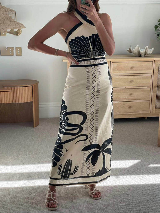 Elegante En Sexy Etnische Print Slim-Fit Halter Nek Maxi Jurk