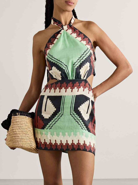 Unieke Vintage Ethnische Print Rugloze Mini Jurk