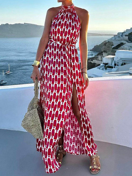 Sexy en Modevol Gedrukt Halternek Strand Split Midi Jurk
