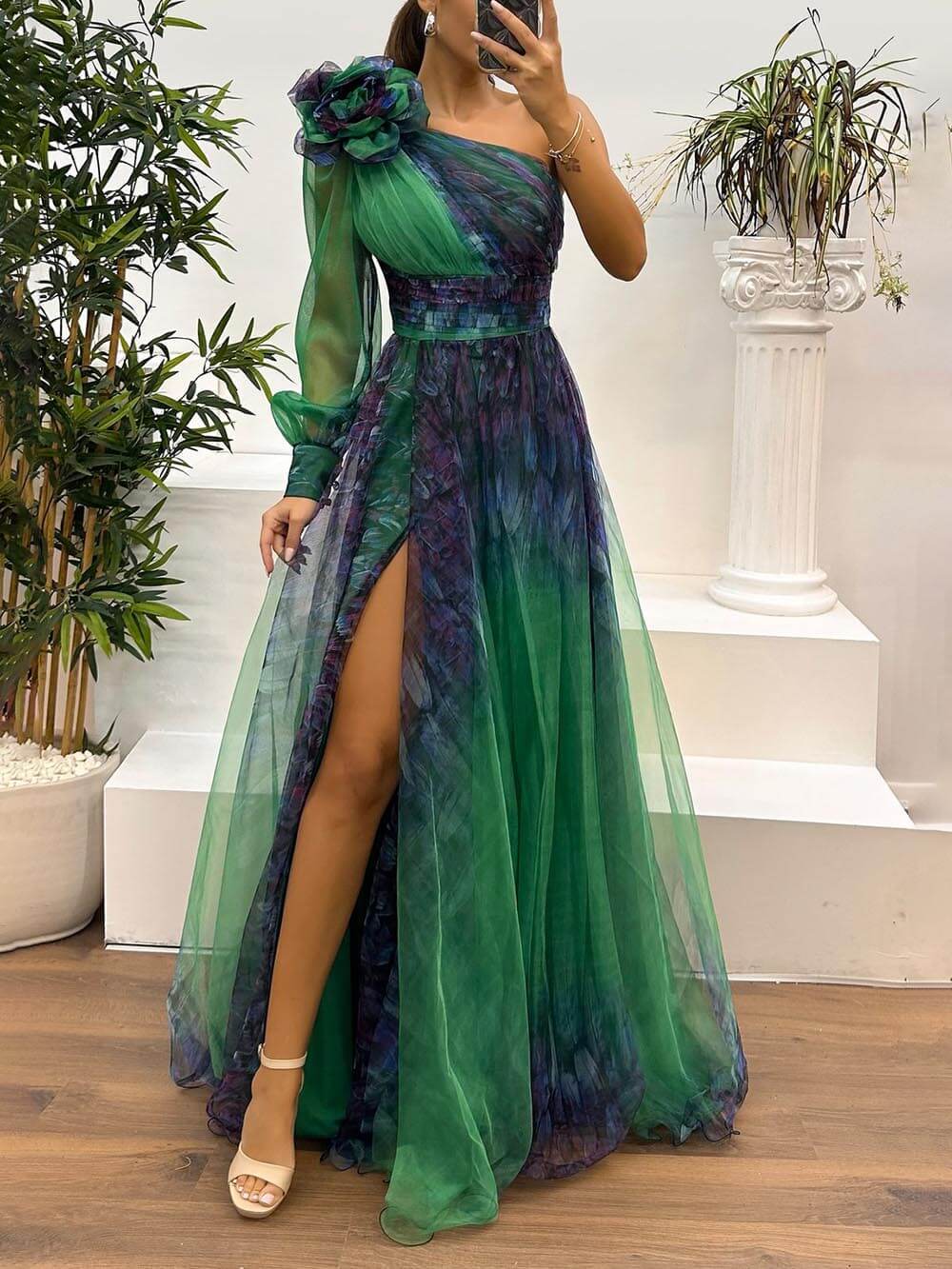 Exquise Casual Off-Shoulder Mesh Print Maxi Jurk