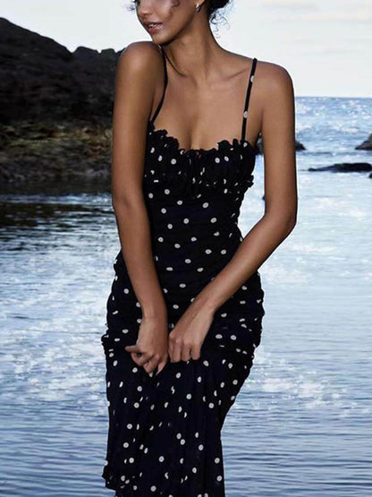 Elegante INS Franse Slim Backless Polkadot Suspender Maxi Jurk