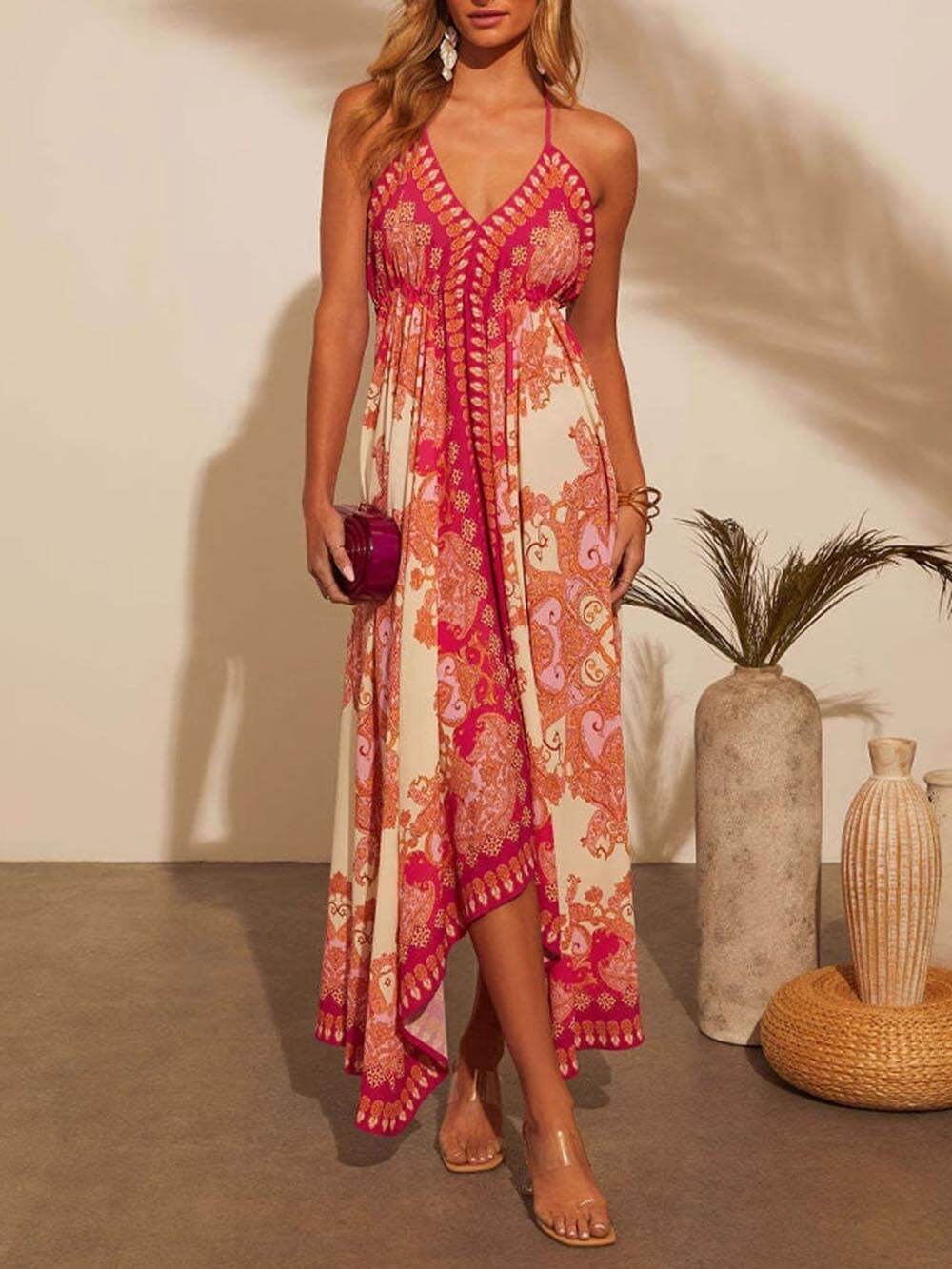 Elegante Off-Shoulder V-Hals Suspender Print Swing Dress