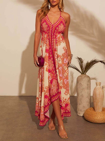 Elegante Off-Shoulder V-Hals Suspender Print Swing Dress