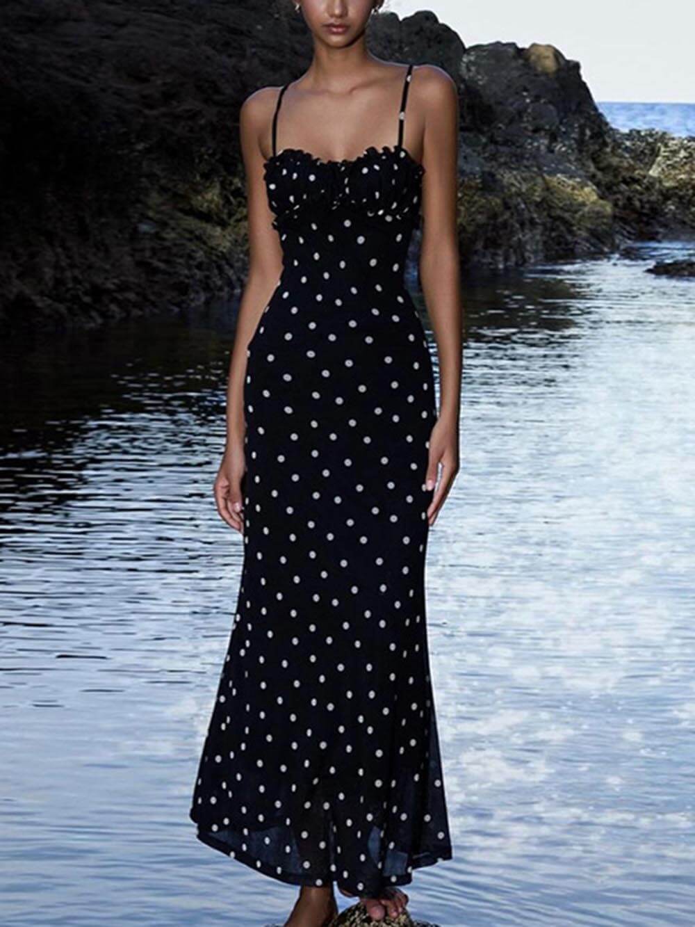 Elegante INS Franse Slim Backless Polkadot Suspender Maxi Jurk