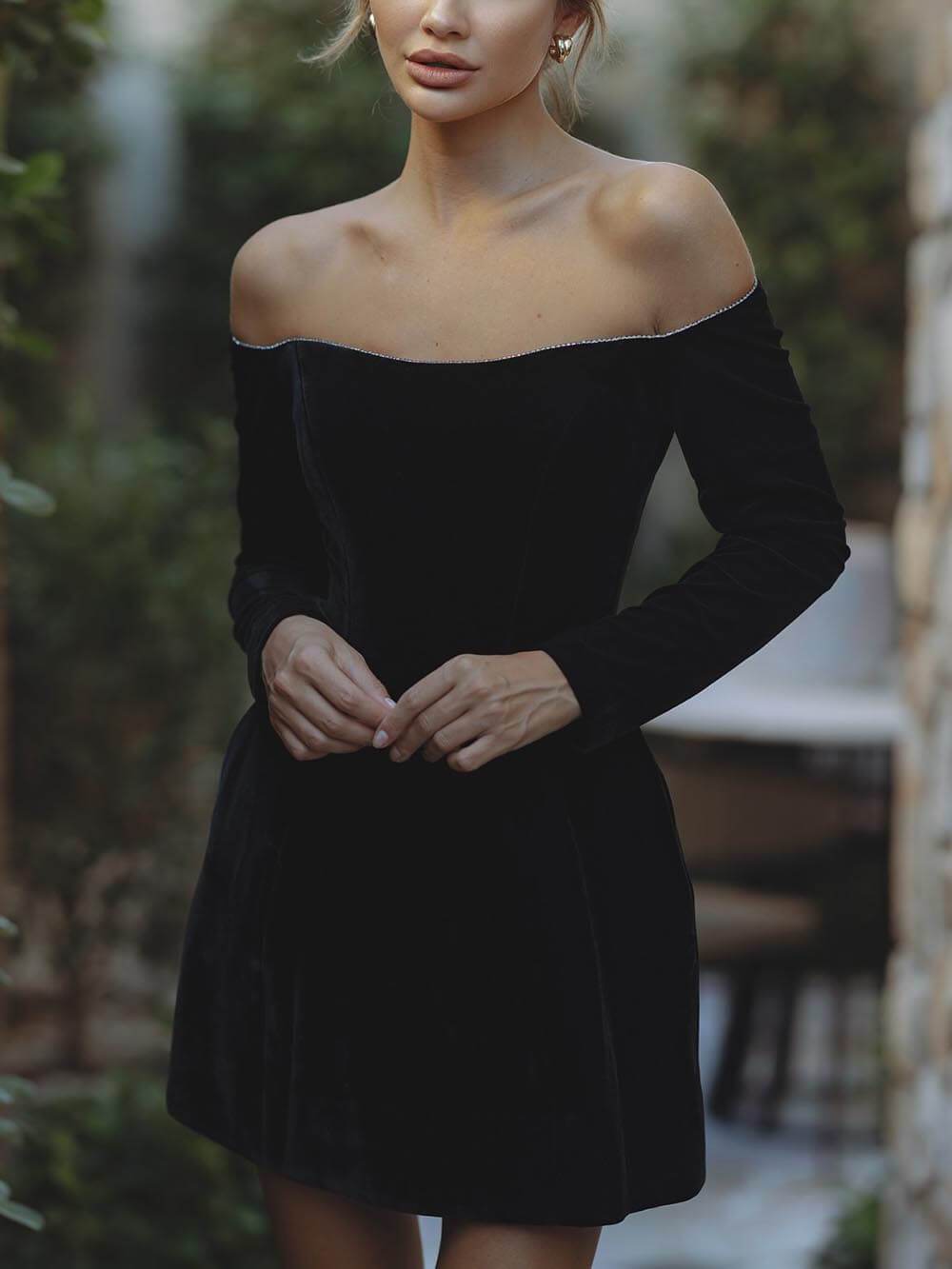 Exquise Glitter Trim Off Shoulder Lange Mouwen Mini Jurk met Zakjes