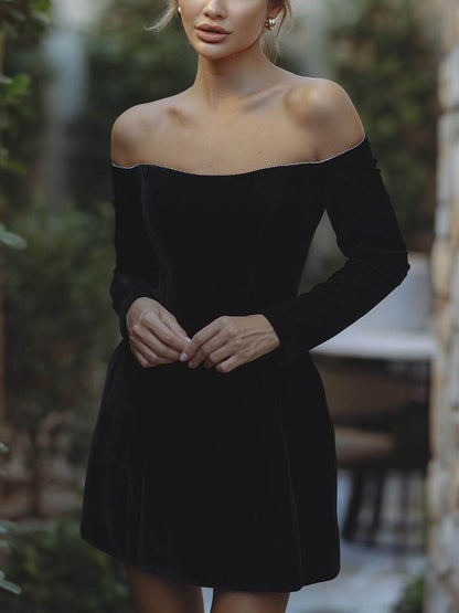 Exquise Glitter Trim Off Shoulder Lange Mouwen Mini Jurk met Zakjes