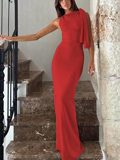 Mode One Shoulder Ribbon Feest Maxi Jurk