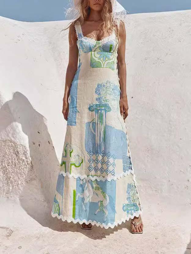 Unieke Geschilderde Print Open Rug Strik Maxi Jurk