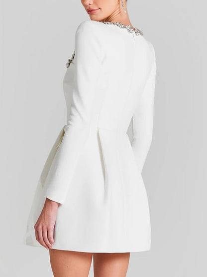 Elegante Vierkante Hals Crystal Versierde Mini Jurk