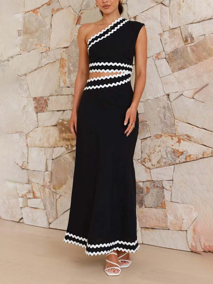 Elegante Slant Neck Kantpatroon Midi-jurk