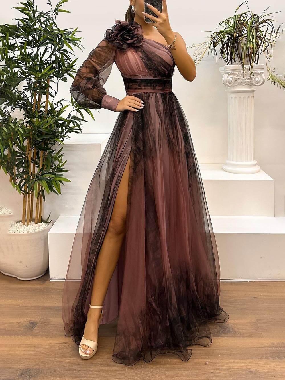 Exquise Casual Off-Shoulder Mesh Print Maxi Jurk