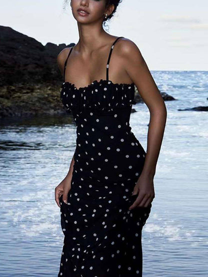 Elegante INS Franse Slim Backless Polkadot Suspender Maxi Jurk