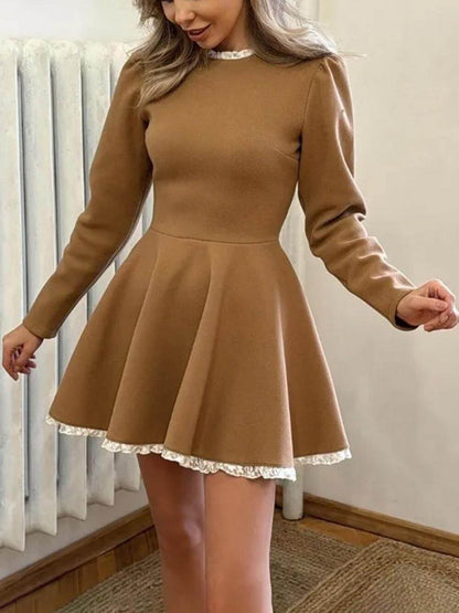 Elegante Kanten Paneel Hoge Taille Lange Mouw Mini Jurk