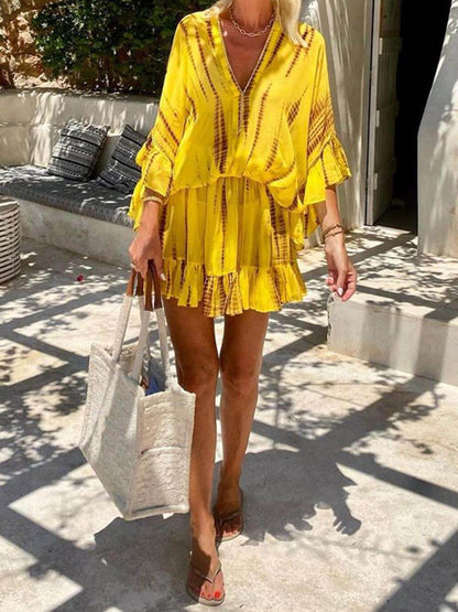 Unieke Tie Dye Ruffle Batwing Mouw Elastische Taille Kaftan Mini Jurk