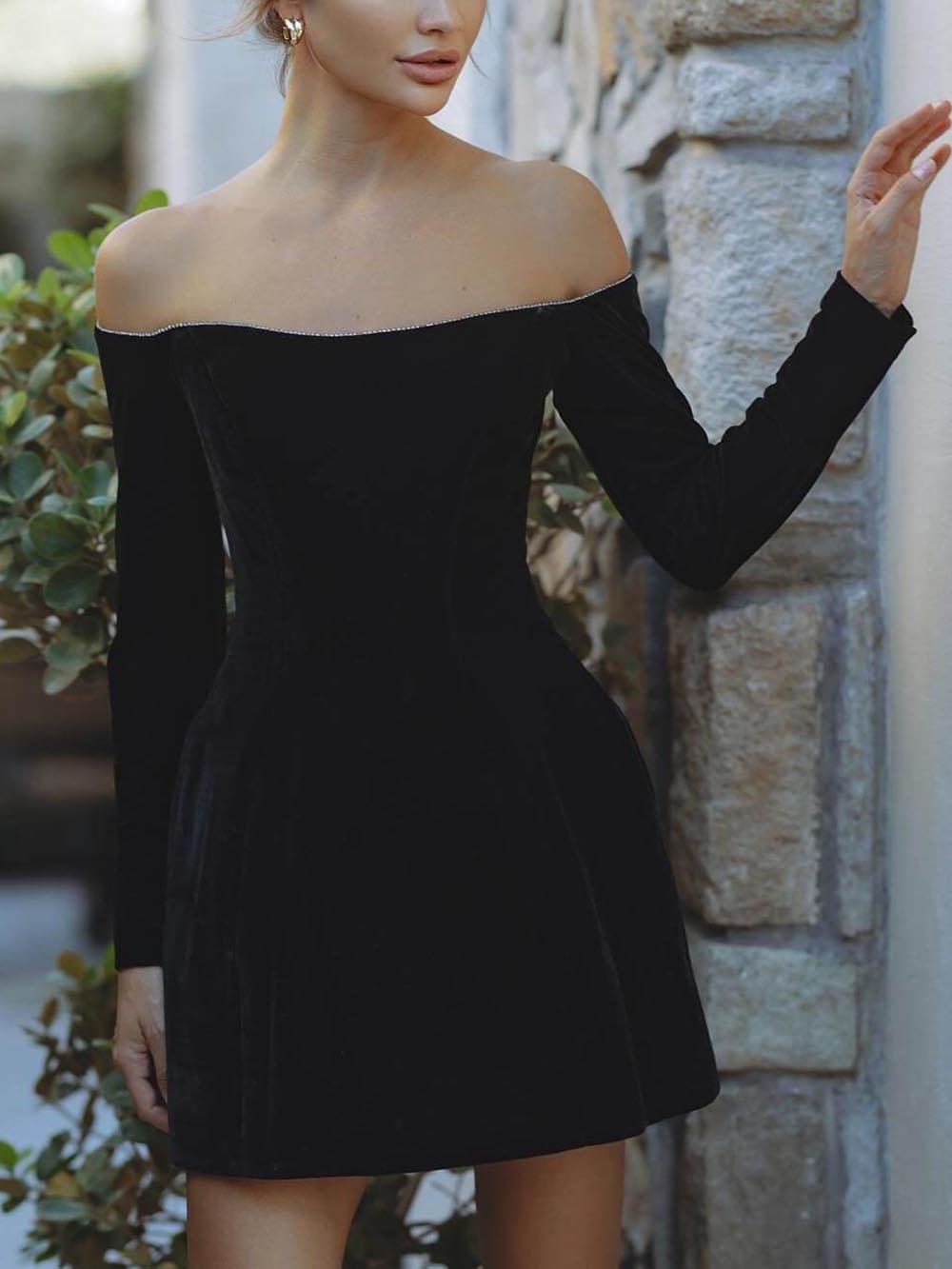Exquise Glitter Trim Off Shoulder Lange Mouwen Mini Jurk met Zakjes