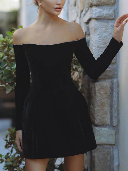 Exquise Glitter Trim Off Shoulder Lange Mouwen Mini Jurk met Zakjes