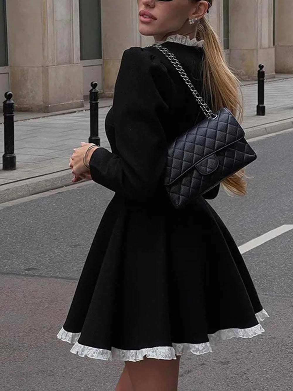 Elegante Kanten Paneel Hoge Taille Lange Mouw Mini Jurk