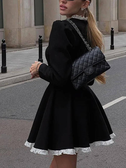 Elegante Kanten Paneel Hoge Taille Lange Mouw Mini Jurk