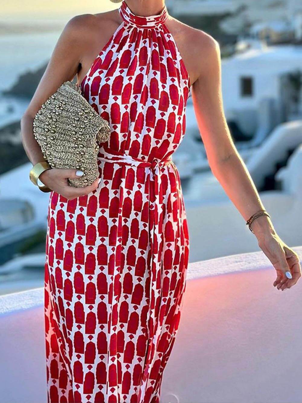 Sexy en Modevol Gedrukt Halternek Strand Split Midi Jurk