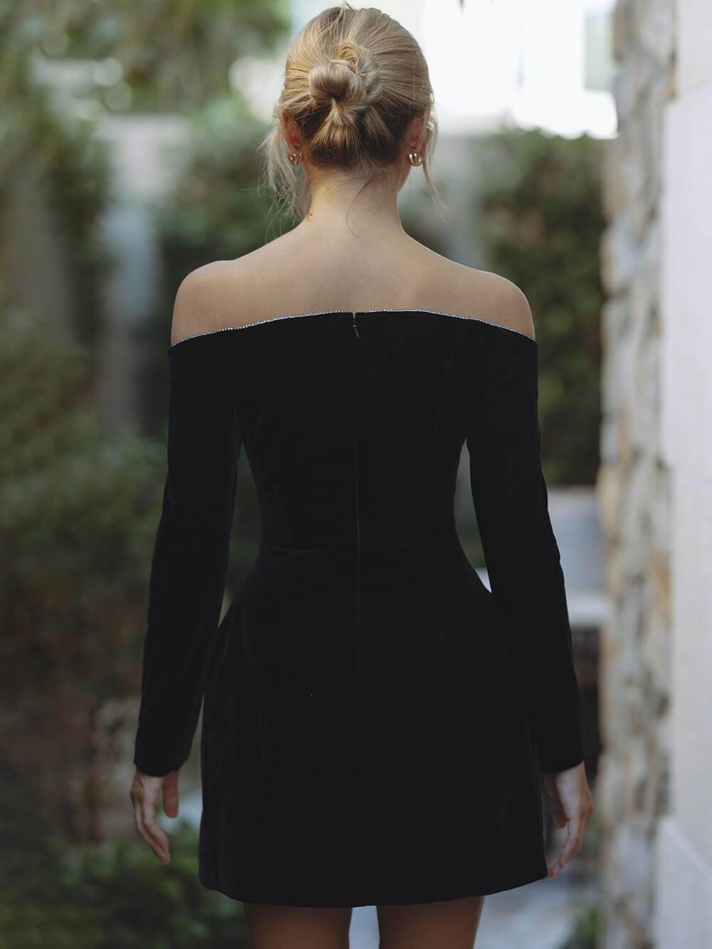Exquise Glitter Trim Off Shoulder Lange Mouwen Mini Jurk met Zakjes