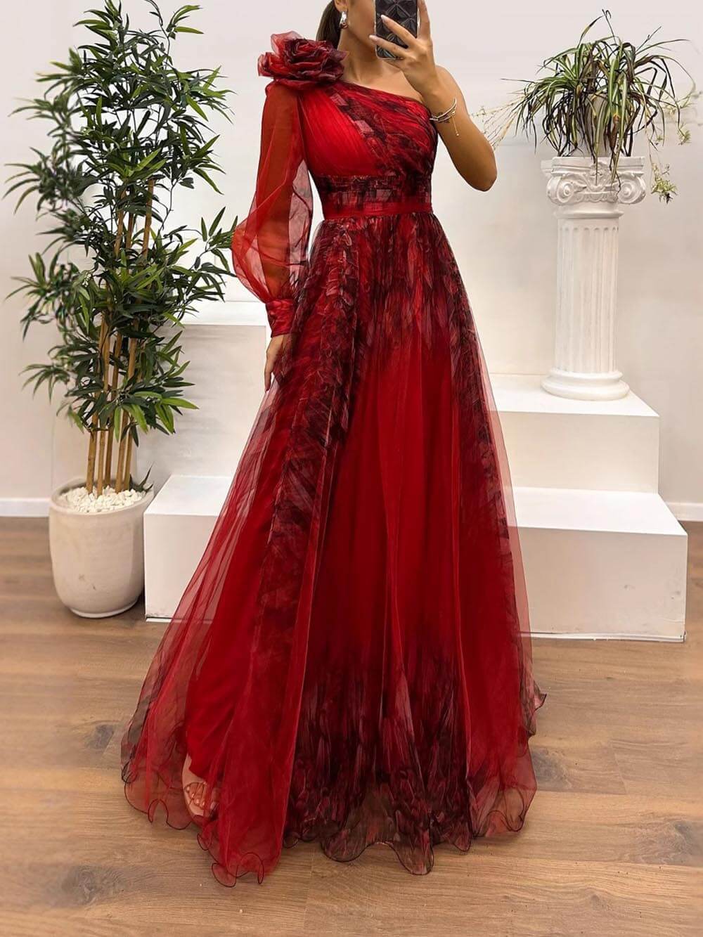 Exquise Casual Off-Shoulder Mesh Print Maxi Jurk