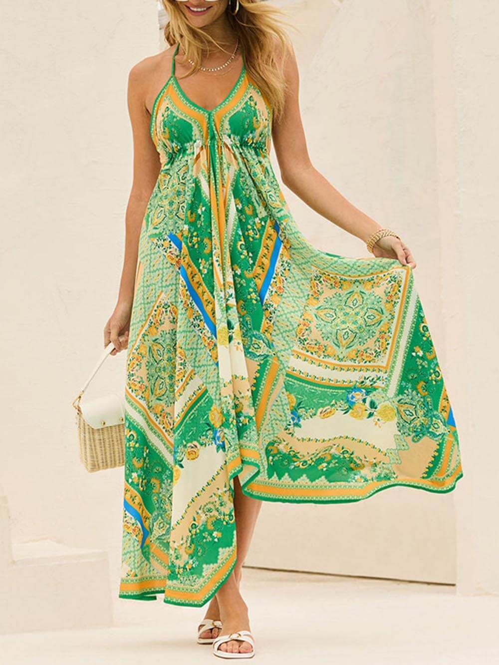 Elegante Off-Shoulder V-Hals Suspender Print Swing Dress