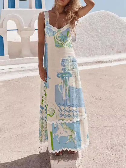 Unieke Geschilderde Print Open Rug Strik Maxi Jurk