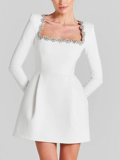 Elegante Vierkante Hals Crystal Versierde Mini Jurk