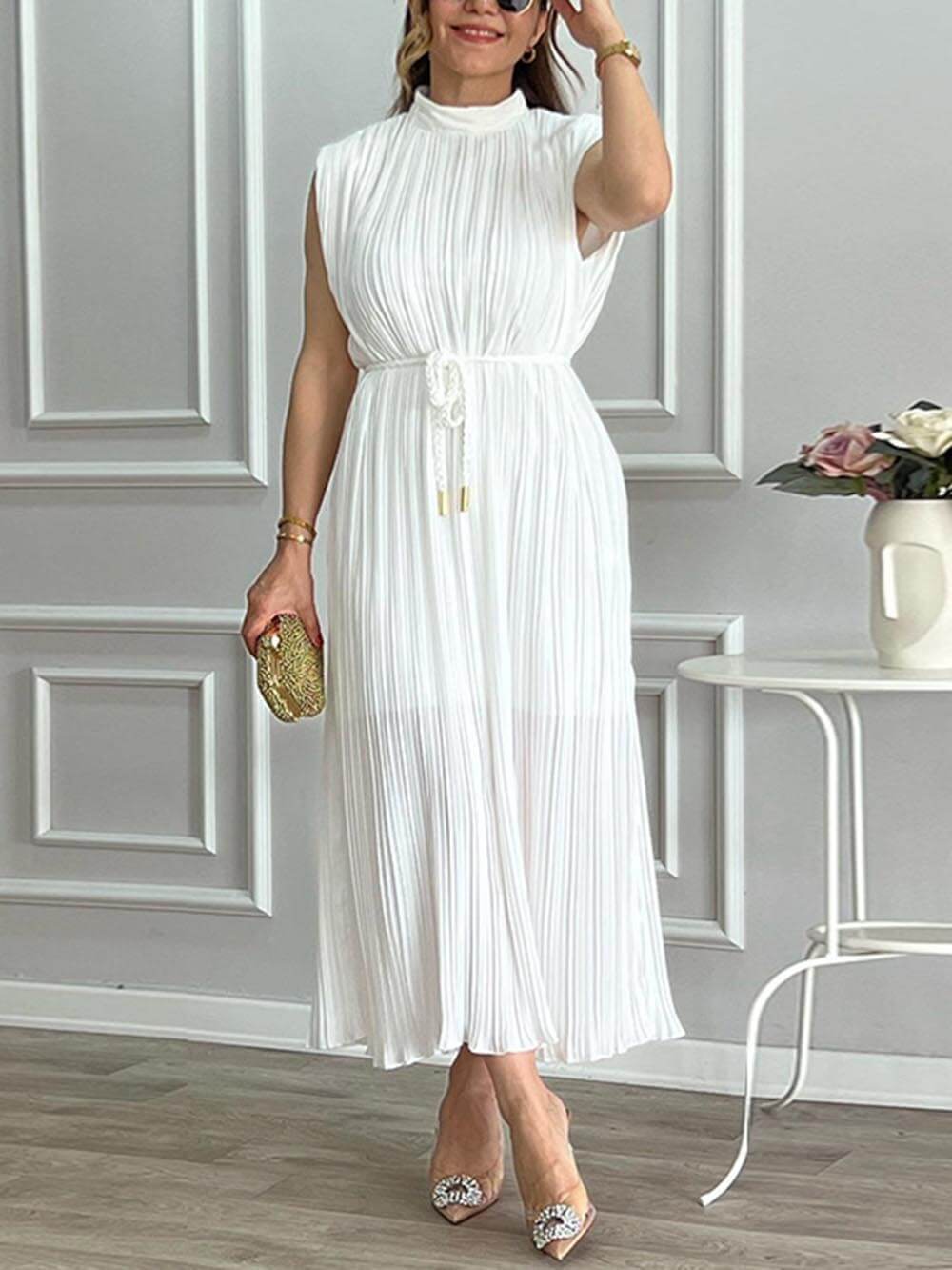 Elegante Plissé Halflange Kraag Midi Jurk
