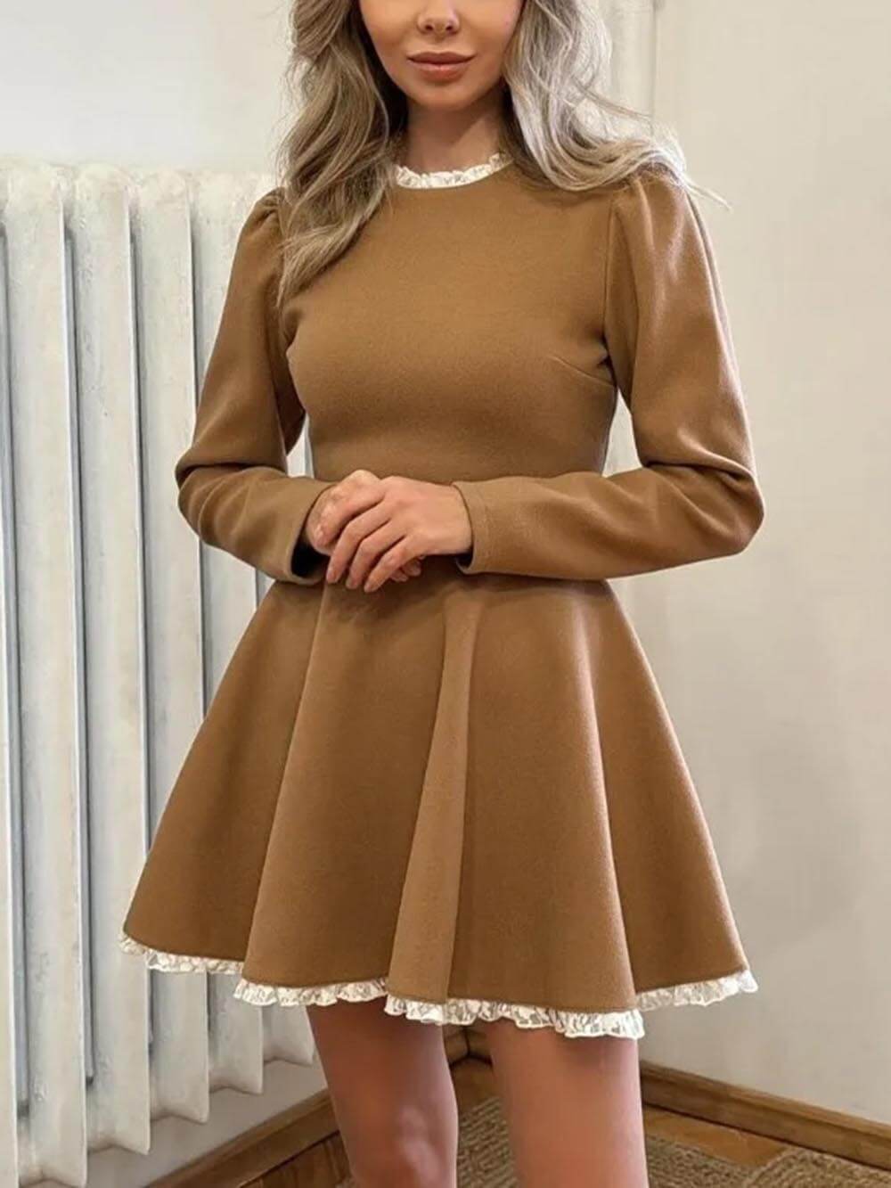 Elegante Kanten Paneel Hoge Taille Lange Mouw Mini Jurk