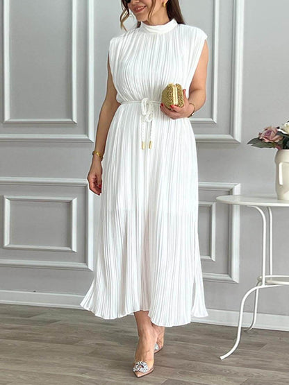 Elegante Plissé Halflange Kraag Midi Jurk