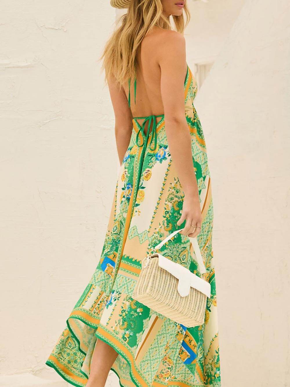 Elegante Off-Shoulder V-Hals Suspender Print Swing Dress