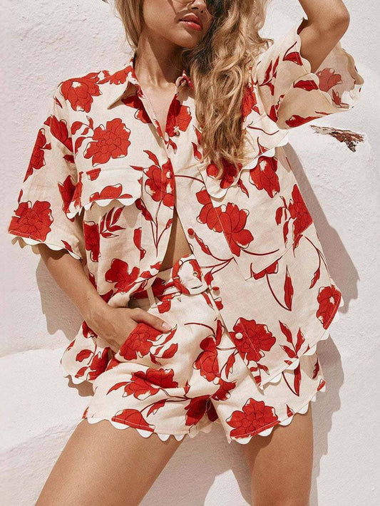 Casual prachtige veelzijdige shorts met kanten print, tweedelig pak