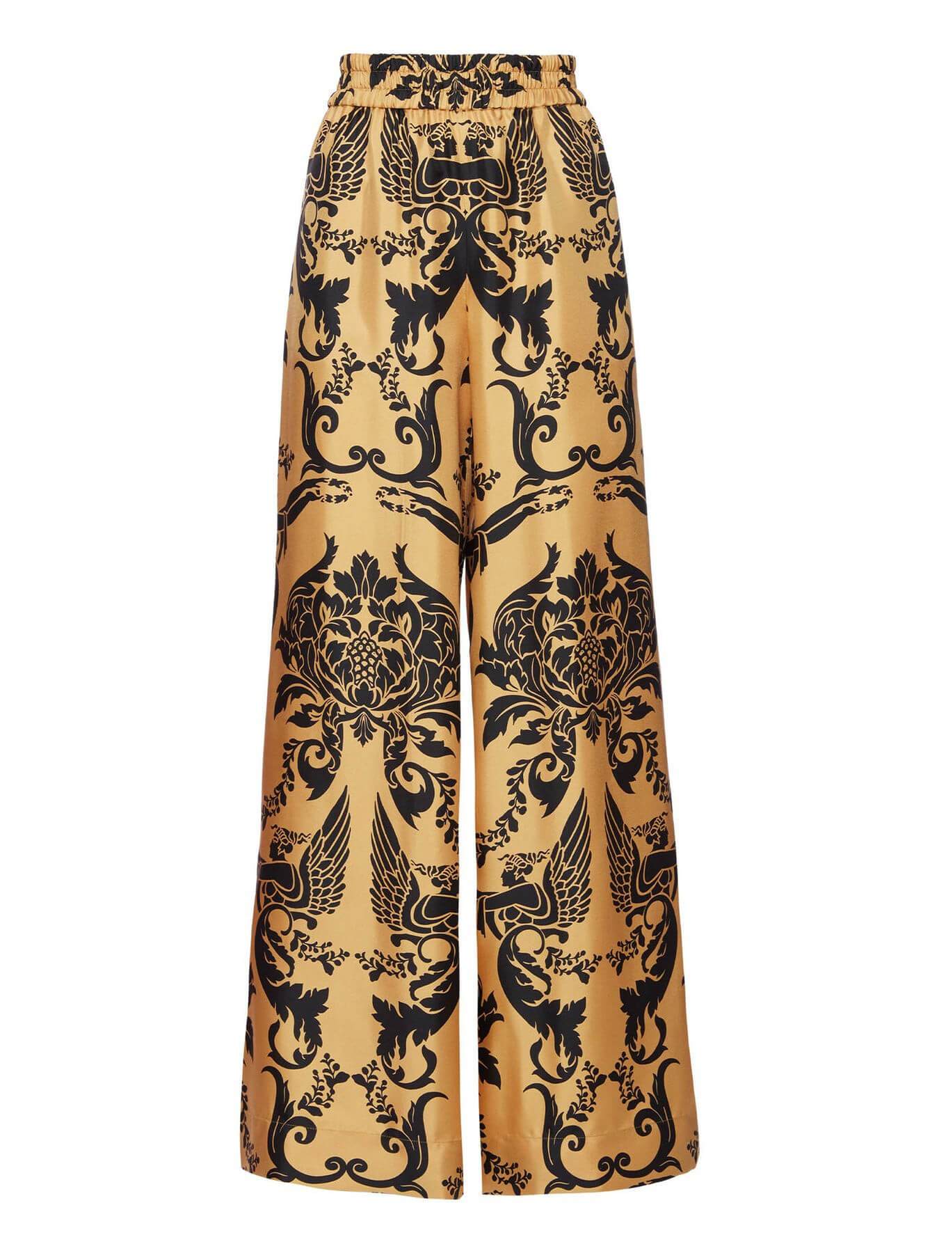 Etnische Satijnen Print Zak Brede Pantalon