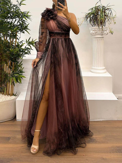 Exquise Casual Off-Shoulder Mesh Print Maxi Jurk