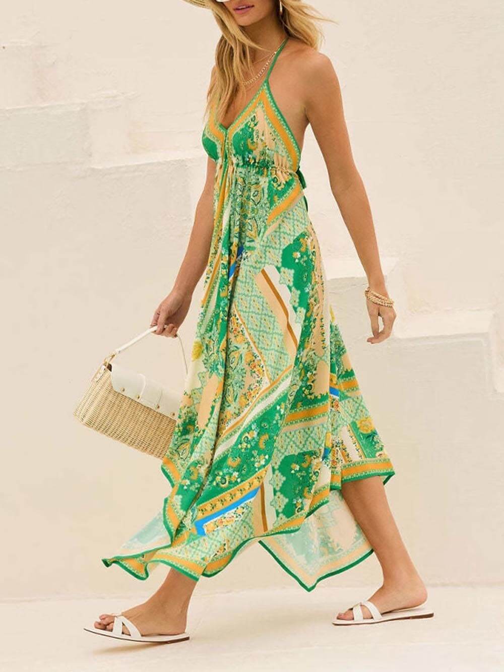 Elegante Off-Shoulder V-Hals Suspender Print Swing Dress