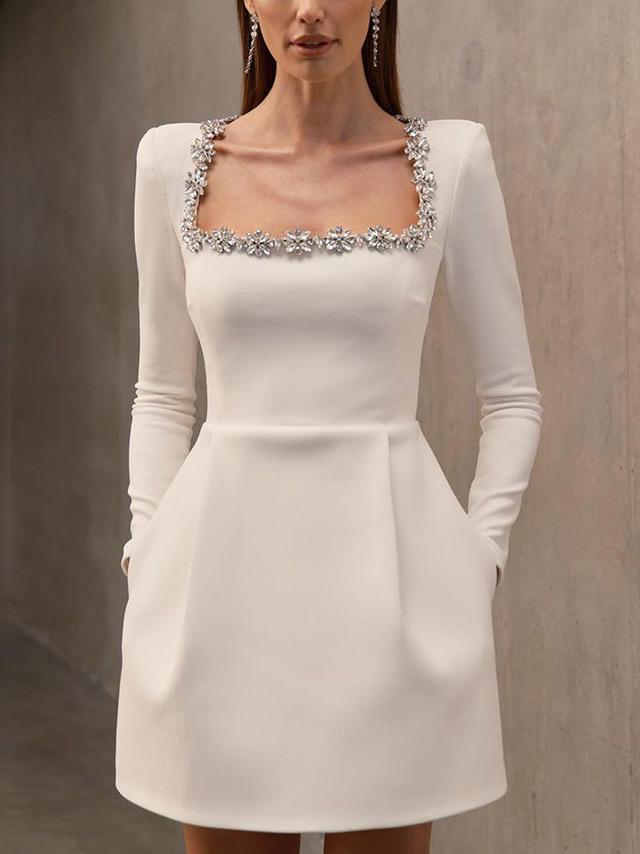 Elegante Vierkante Hals Crystal Versierde Mini Jurk