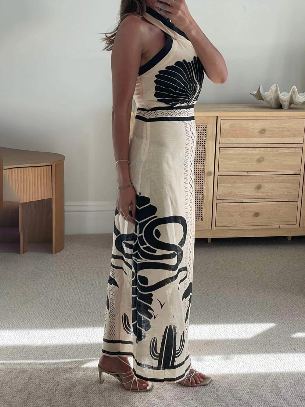 Elegante En Sexy Etnische Print Slim-Fit Halter Nek Maxi Jurk