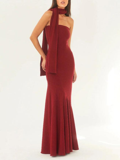 Mode Strapless Één Schouder Fishtail Maxi Jurk
