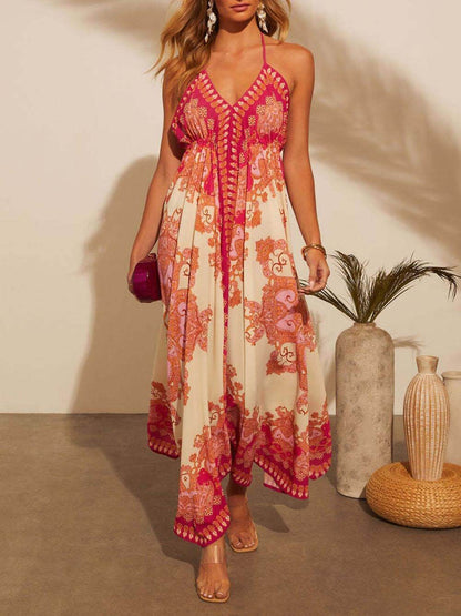 Elegante Off-Shoulder V-Hals Suspender Print Swing Dress