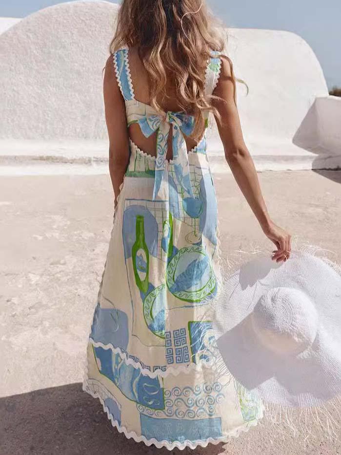 Unieke Geschilderde Print Open Rug Strik Maxi Jurk