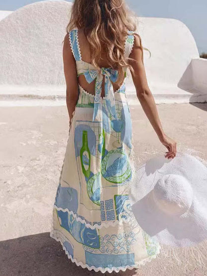 Unieke Geschilderde Print Open Rug Strik Maxi Jurk