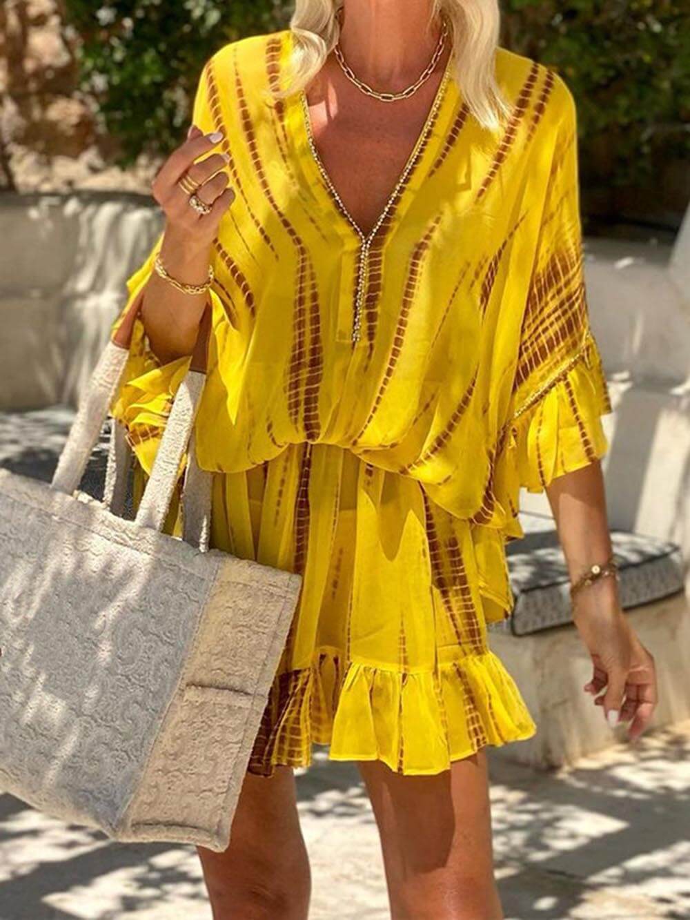 Unieke Tie Dye Ruffle Batwing Mouw Elastische Taille Kaftan Mini Jurk